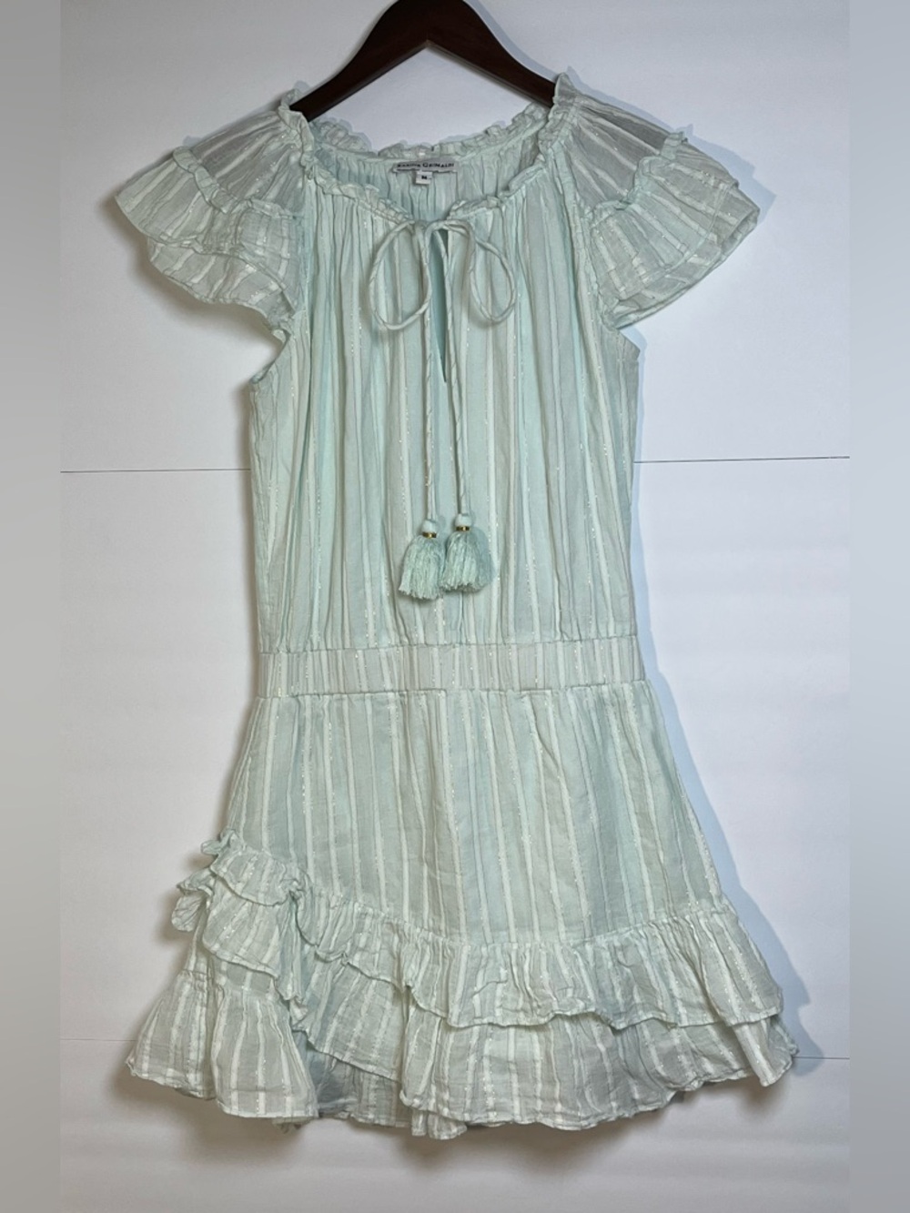 Karina Grimaldi Ruffled Metallic Striped Ruffles Mini 97% Cotton Pastel Dress M